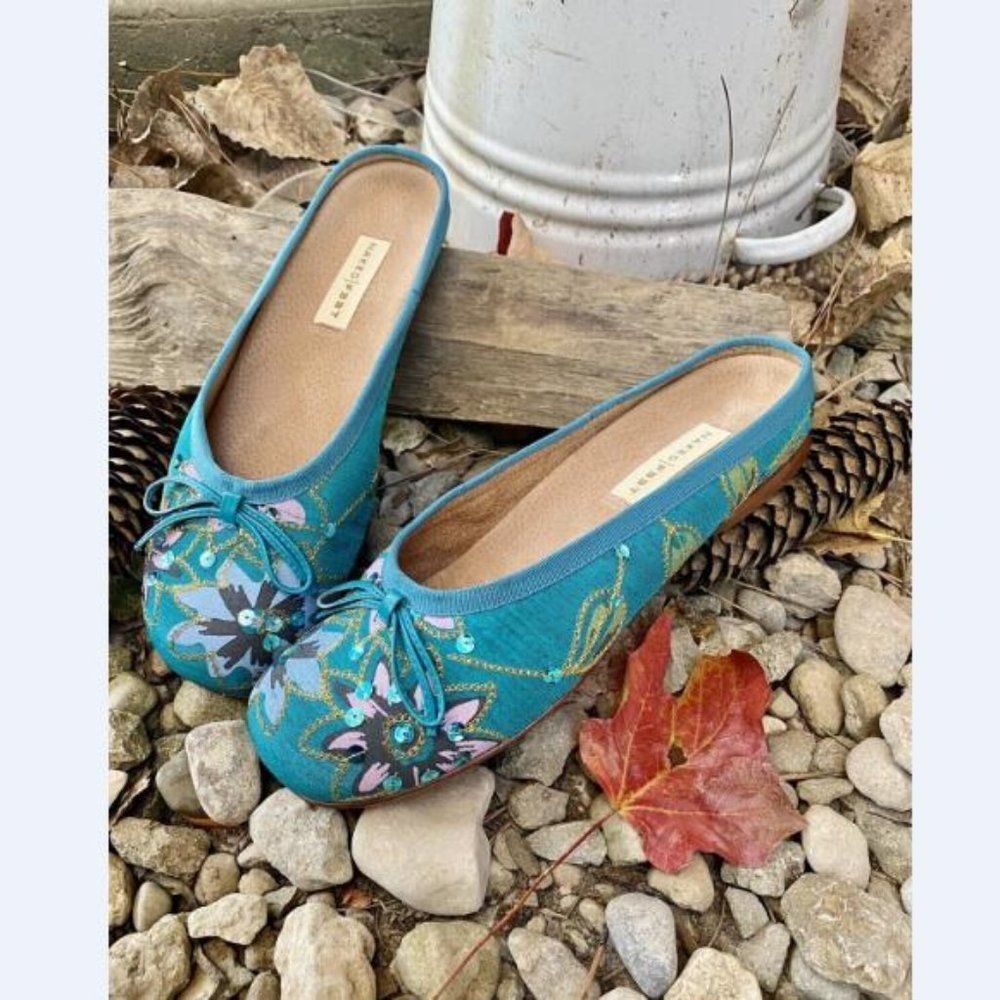 Naked Feet Caribbean Floral Embroidered Ballet Flat Teal Sz 8 New